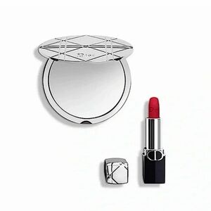 Dior Bold Red Lipstick with Elegant Silver Compact gift set NIB new